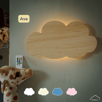 Kinderzimmer Wolkenlampe „Ava“ aus Holz (45cm) – Das beruhigende LED-Nachtlicht mit Schlafaugen für sanftes Einschlafen