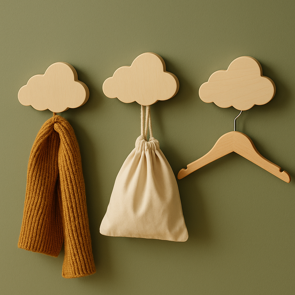 3er Set "Theo" Holzhaken in Wolkenform 8cm | Dekorativer Kleiderhaken & Aufhänger für Jacken, Taschen & Handtücher | Aufhänger für das Kinderzimmer