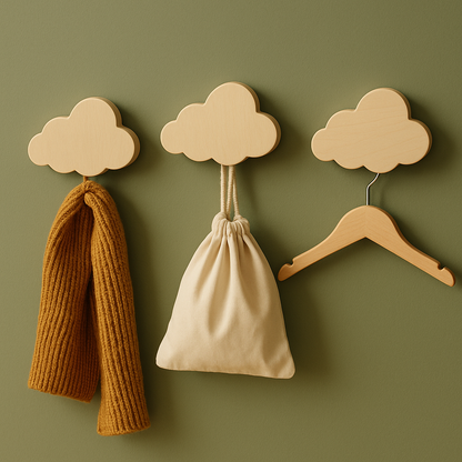 3er Set "Theo" Holzhaken in Wolkenform 8cm | Dekorativer Kleiderhaken & Aufhänger für Jacken, Taschen & Handtücher | Aufhänger für das Kinderzimmer