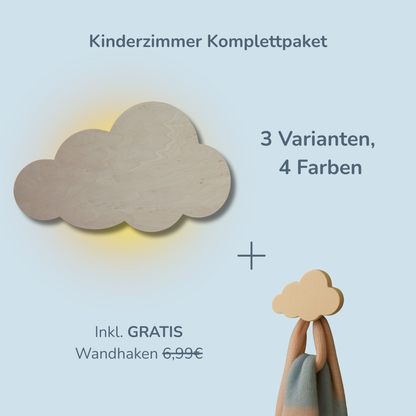 Kinderzimmer Sparset „Wolkenliebe Paket“ aus Echtholz – LED-Licht Wolke nach Wahl & GRATIS Wolken-Wandhaken für ein geborgenes Schlummerparadies