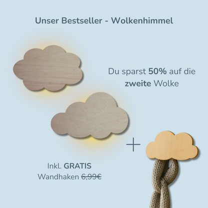 Kinderzimmer Sparset „Wolkenhimmel Paket“ aus Echtholz – Schläfrige LED-Licht Wolke & GRATIS Wandhaken für ein geborgenes Schlummerparadies