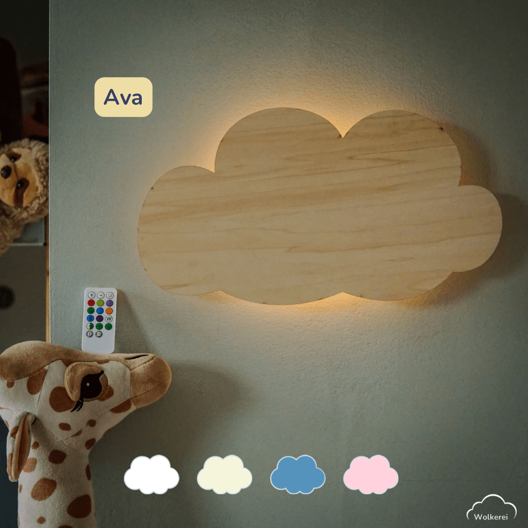 Kinderzimmer Wolkenlampe „Ava“ aus Holz (45cm) – Das beruhigende LED-Nachtlicht mit Schlafaugen für sanftes Einschlafen