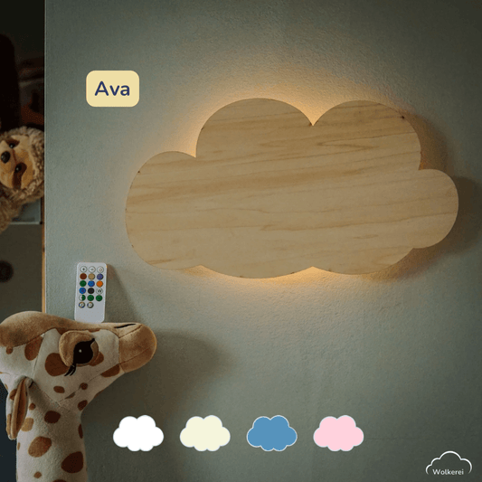 Kinderzimmer Wolkenlampe „Ava“ aus Holz (45cm) – Das beruhigende LED-Nachtlicht mit Schlafaugen für sanftes Einschlafen