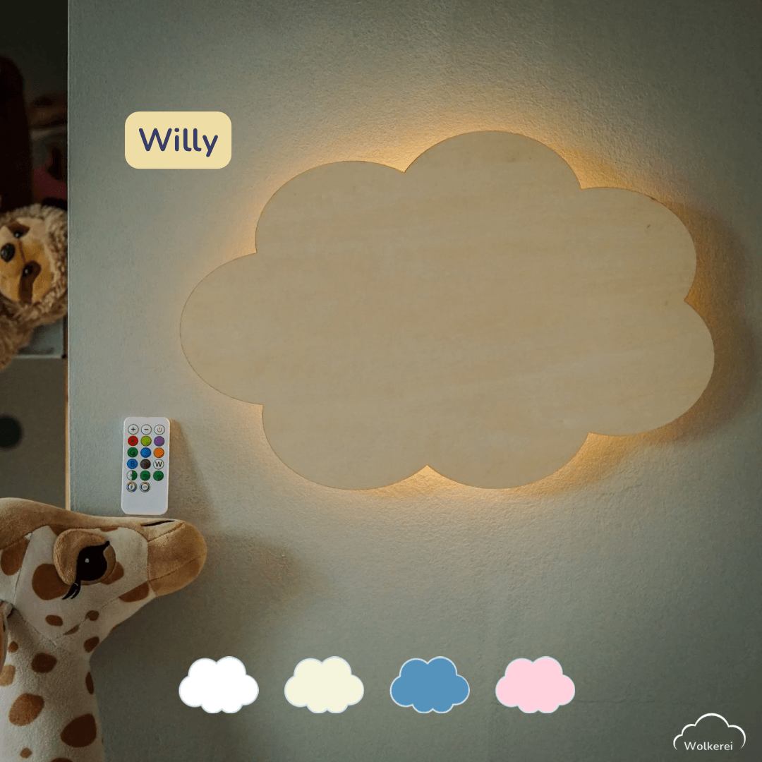 Kinderzimmer Wolkenlampe Wolke „Willy“ aus Holz (45cm) – Das fröhliche LED-Nachtlicht für eine glückliche Einschlafzeit