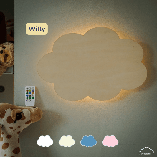Kinderzimmer Wolkenlampe Wolke „Willy“ aus Holz (45cm) – Das fröhliche LED-Nachtlicht für eine glückliche Einschlafzeit